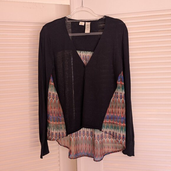 ANTHROPOLOGIE Little Yellow Bird Cardigan Sweater Black w/Sheer Muticolor Back M - Picture 2 of 7